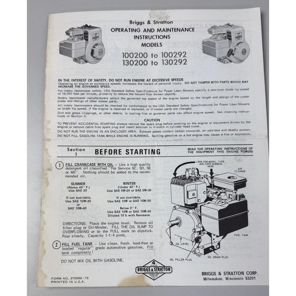 Briggs‎ & Stratton Parts And Service Data Book 1973 4i